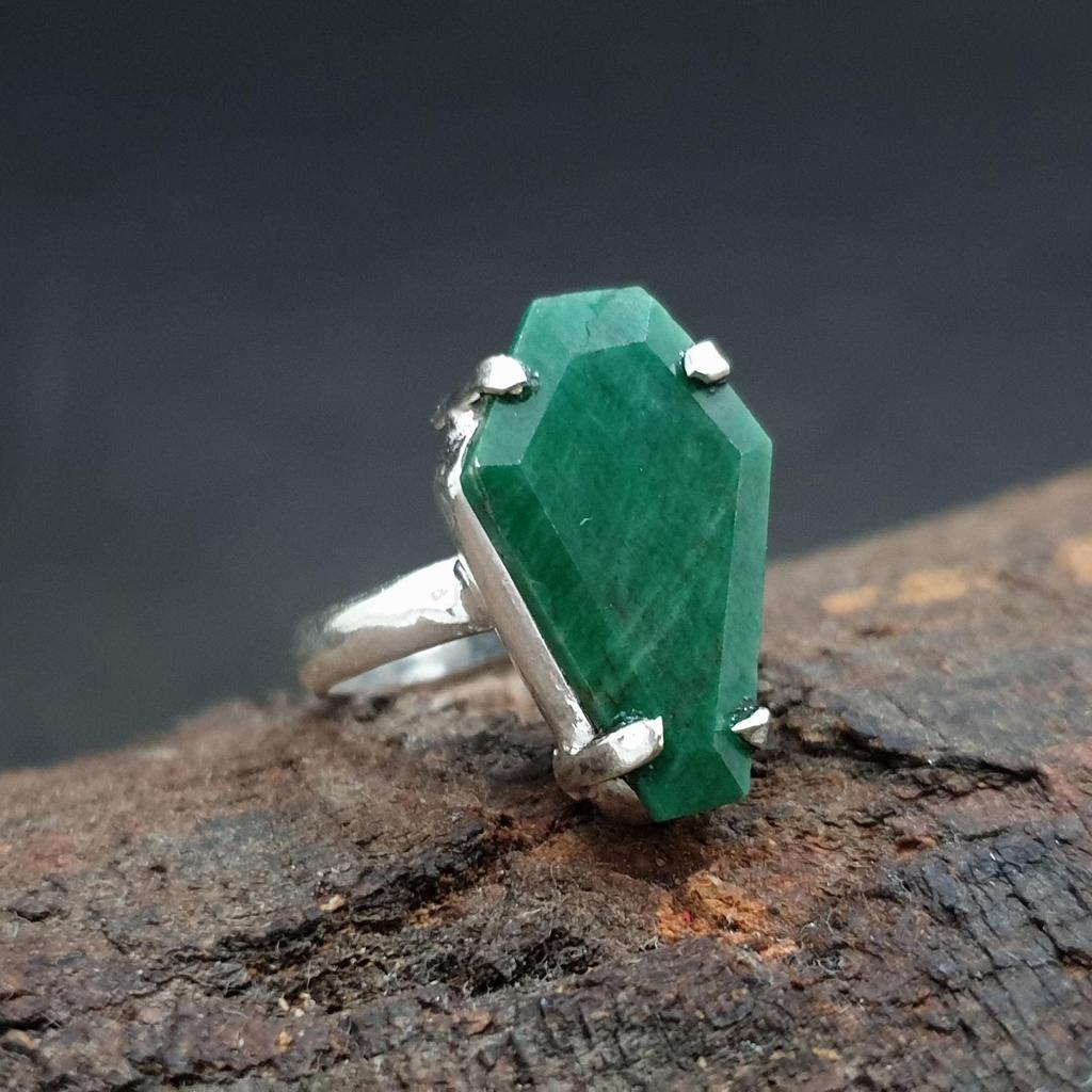 Coffin Shape Raw Emerald Prong Set 925 Sterling Silver Ring Jewelry, Birthstone Emerald Wedding Ring