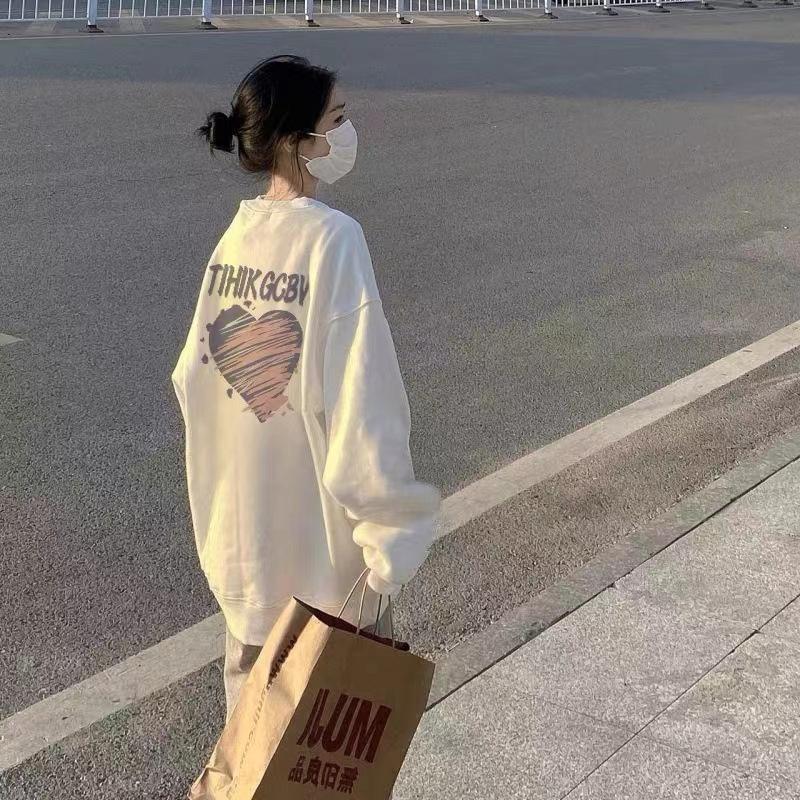 Fleece love printed sweater women's autumn and winter Korean version loose long sleeves sweet and cute crew neck student fleece shirt
