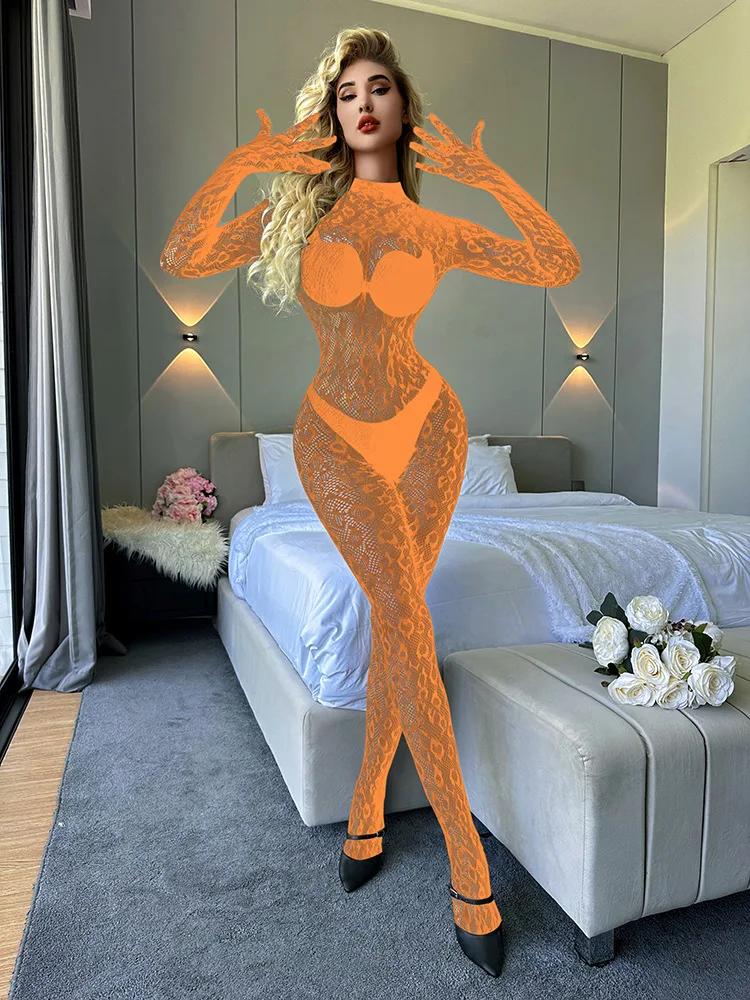 Sexy Lingerie Leopard Mesh Bodystockings Fishnet Jumpsuit Hollow See Through Tight Erotic Pajamas Elastic Night Club Underwear