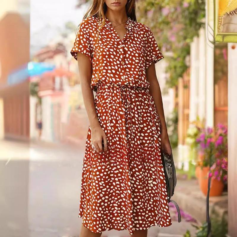 Summer polka dot printed short-sleeved mid-length dress women's fashion all-match elegant temperament