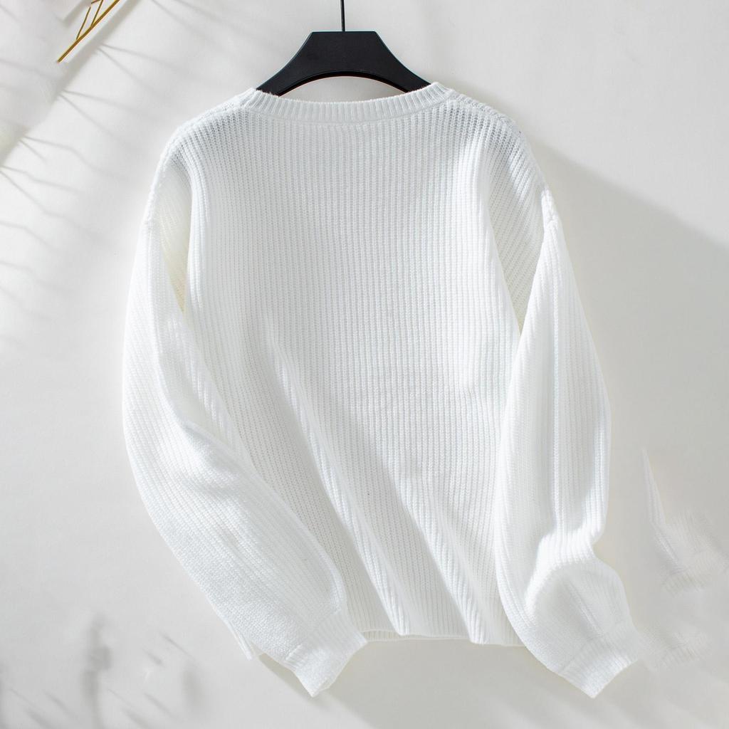 Podzim Zima Vintage Volný Top S Dlouhým Rukávem Jednobarevný Cardigan Svetr S Výstřihem