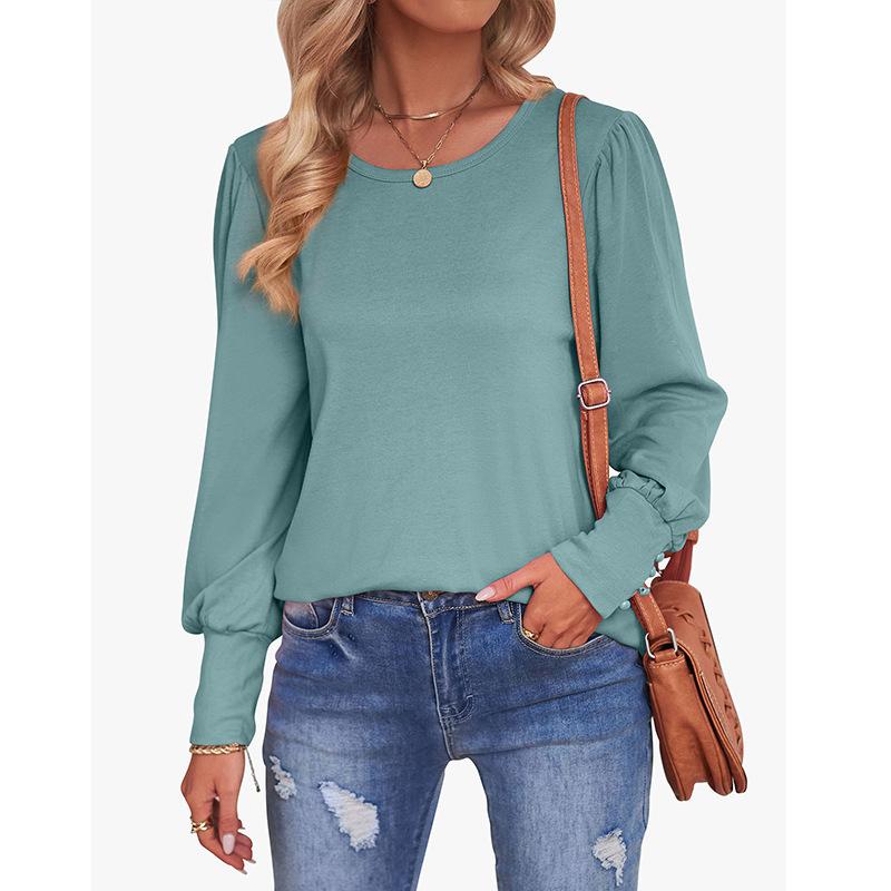 Damen Langarm T-Shirts Rundhals Puffärmel Chiffon Pullover Shirts Einfarbig Bluse Tops