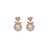 Exquisite Heart-Shaped Bowknot Faux Pearl Dangle Earrings with Shiny Zircon Inlay Fashionable Alloy Ear Studs