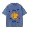 Mens Moon and Sun Printed Tshirt Oversized Short Sleeved Retro Washed Shirt Summer Top