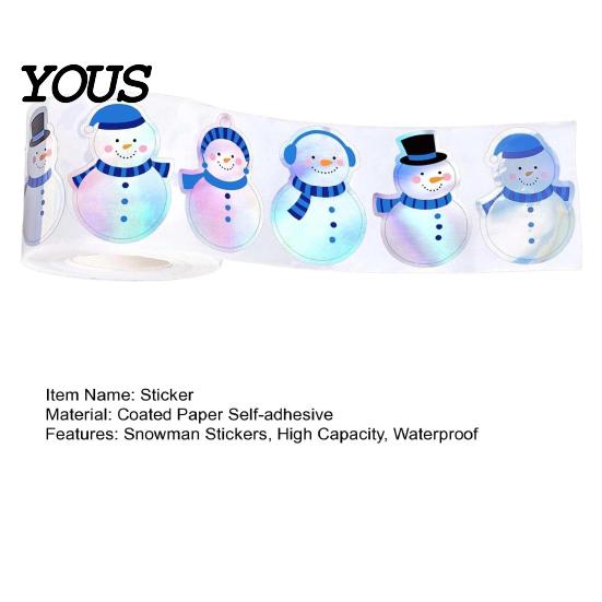 Self-adhesive Coated Paper Labels 500PCS Shiny Snowman Stickers, Waterproof Self Adhesive Labels, Round Roll of 500 Christmas Tags Decorative