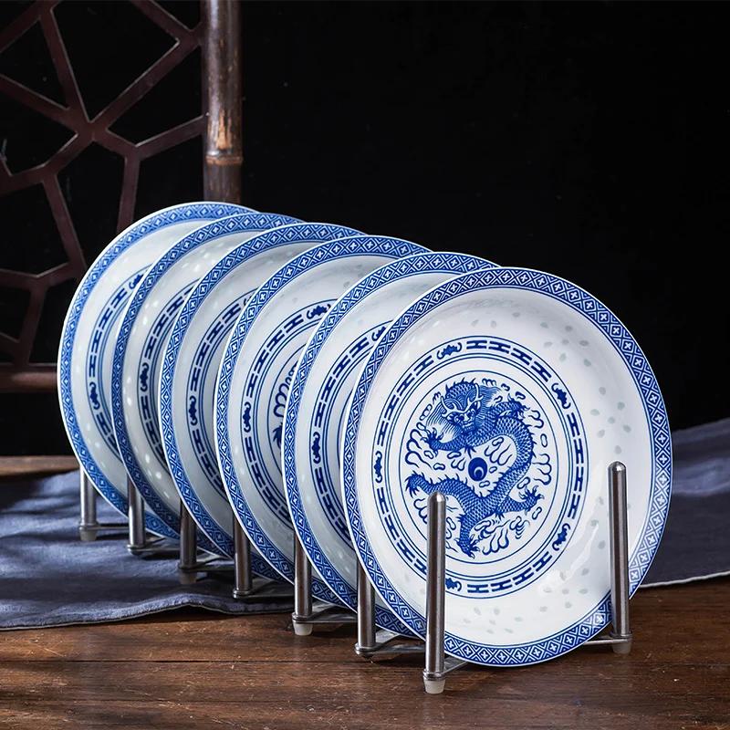 Piatto da cena in porcellana blu e bianca cinese da 8 pollici Piatto ceramico vintage con drago Stoviglie da cucina Vassoio per alimenti per la casa