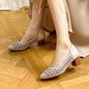 Spliced Mesh Breathable Rhinestone Heels Autumn New Round Toe Shallow Mouth Cover Foot Non-Slip Wear-Resistant Single Shoes