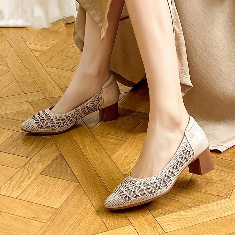 Spliced Mesh Breathable Rhinestone Heels Autumn New Round Toe Shallow Mouth Cover Foot Non-Slip Wear-Resistant Single Shoes