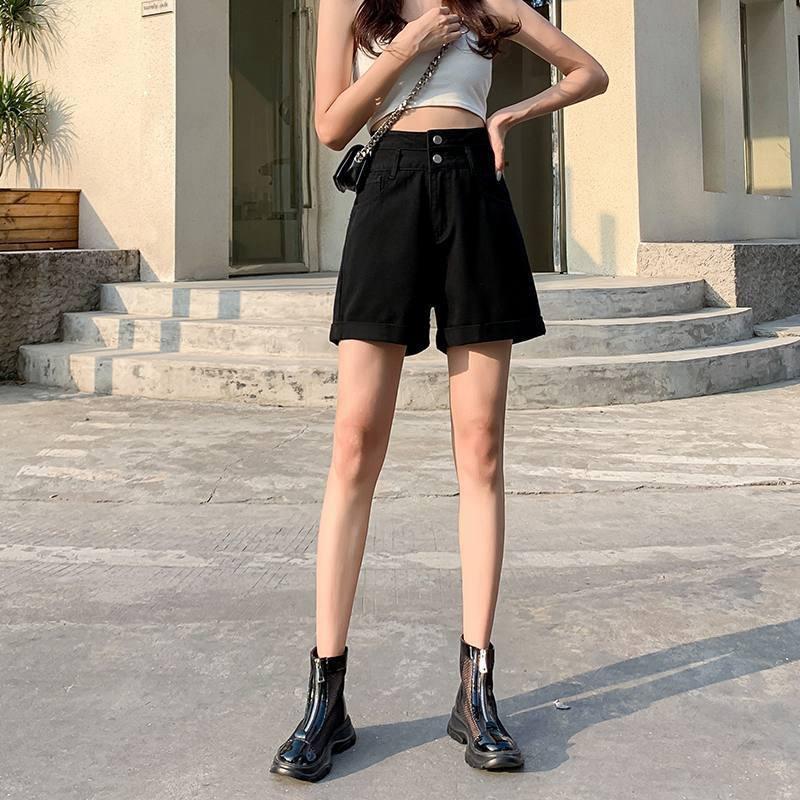 

Удобные обтягивающие модные и универсальные белые джинсовые шорты с ультра-высокой талией, женские летние свободные широкие брюки А-силуэта с двойной пряжкой и подвернутым краем 2XL чёрный