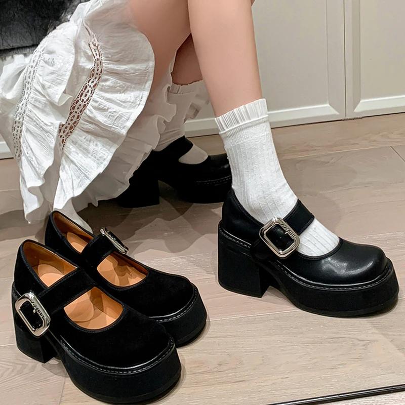 Fashion 9CM High Heel Women Mary Jane Shoes Fashion Belt Buckle 2025 Spring Autumn Platform Single Shoes