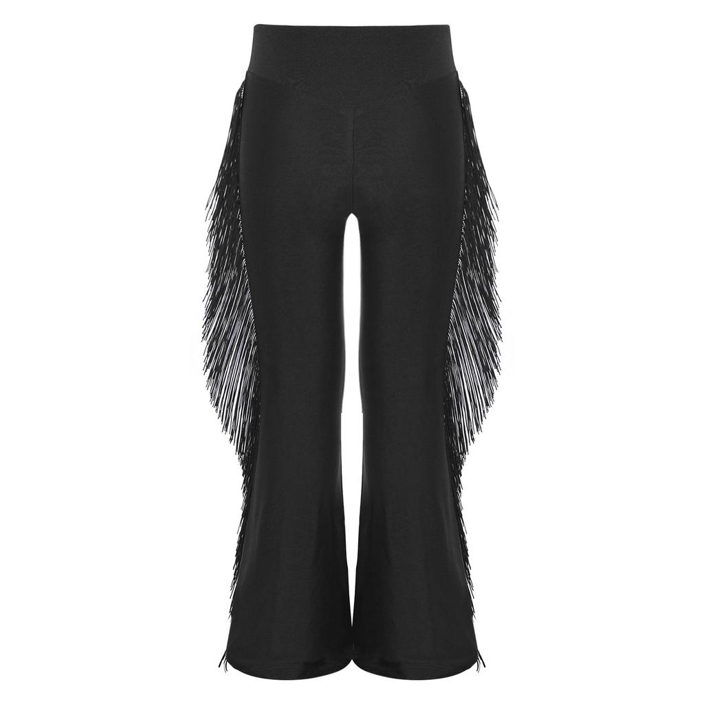 Chłopięce spodnie do tańca latynoamerykańskiego elastyczny pas z frędzlami styl dzwonów spodnie do występów ballroomowych