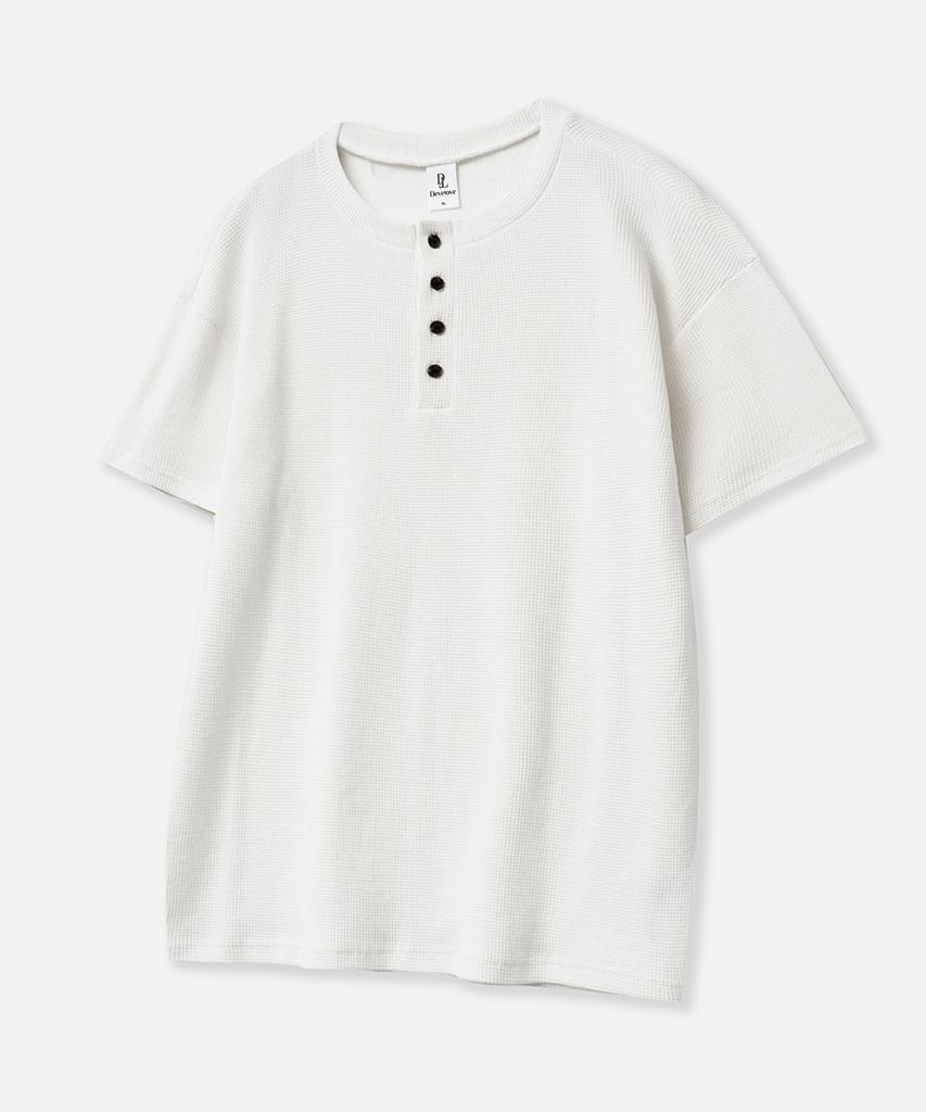 Dibellobeu Basic Henley Neck Waffle Short Sleeve T-Shirt_Ivory