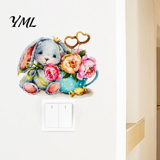 DIY Wall Scene Decorations Watercolor Rabbit & Flowers Light Switch Sticker, Cute Bunny Peel And Stick Decal, Decorative Stickers for Cabinets