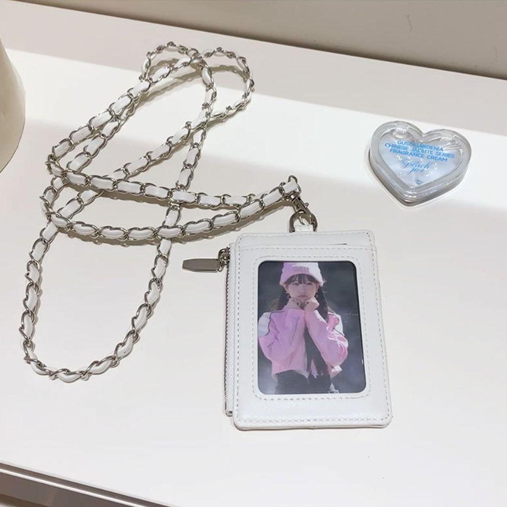 Creative Chain Card Holder PU Leather with Lanyard ID Card Card Holder Photos Protective Cover