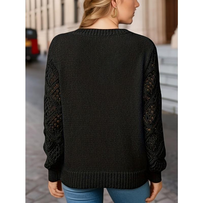 Spring Autumn Women Sweater Knitted Skeleton Pullover Long Sleeve Crochet Jacquard V-Neck Loose Top