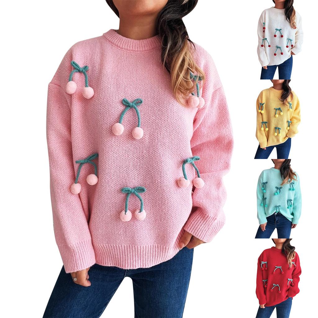 Women's Solid Color Knitted Pullover Sweater With Round Neck Splicing And Three-dimensional  Sweater