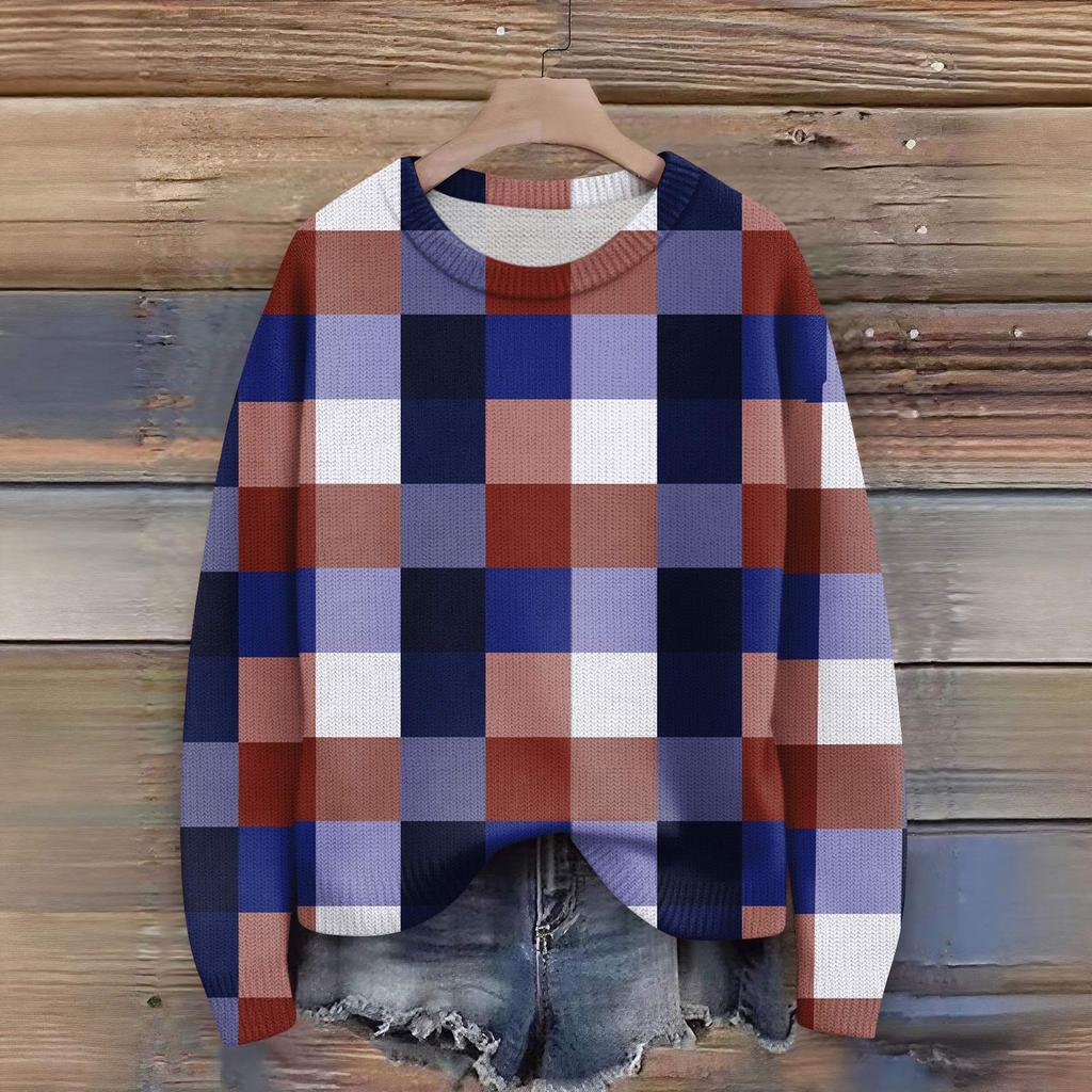 Long Sleeve Pullover Sweaters For Women O Neck Casual Cute Printing Knit Oversized Sweater