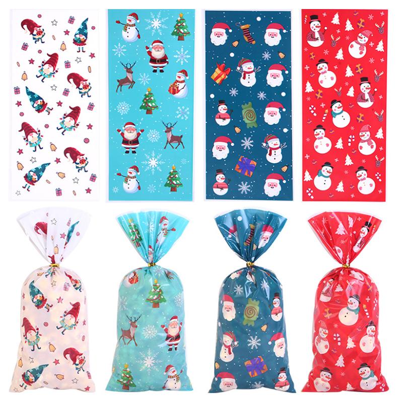 50Pcs Xmas Cookie Packing Bags With Ribbon Ties Christmas Party Treat Candy Bag Festival Party Favor Gift Printing Christmas