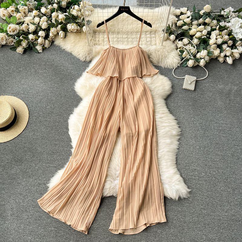 

Vacation Style Ruffles Silm Heavy Industry Pleated Jumpsuit Khaki All yards