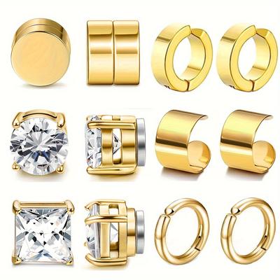 2 Pares Unisex Moda Acero Inoxidable Magnético Circonita Cúbica Clips para Orejas Sin Perforación Ajustables Pendientes de Clip para Hombres Mujeres