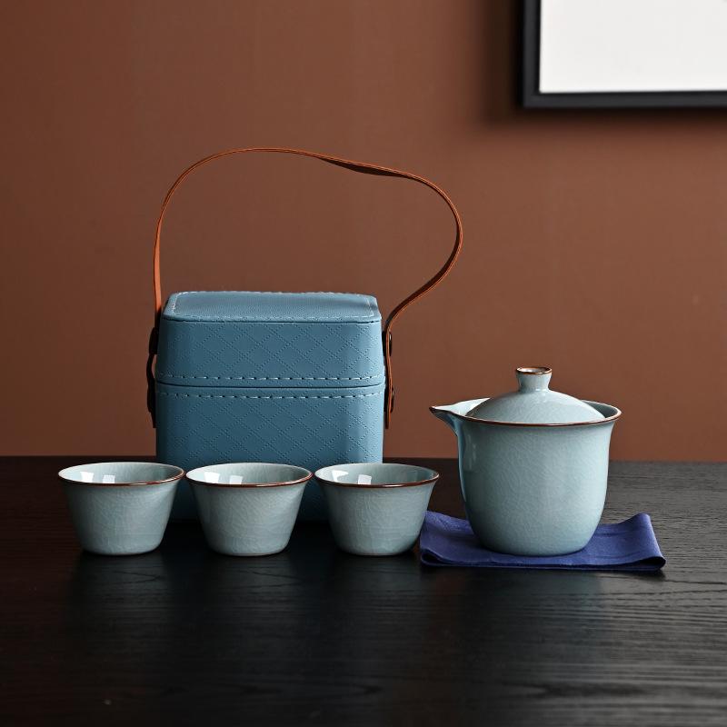 Zestaw podróżny do herbaty kung fu Ge kiln przenośny czajnik ceramiczny na zewnątrz podróż przenośna pokrywka miseczka trzy filiżanki prezent