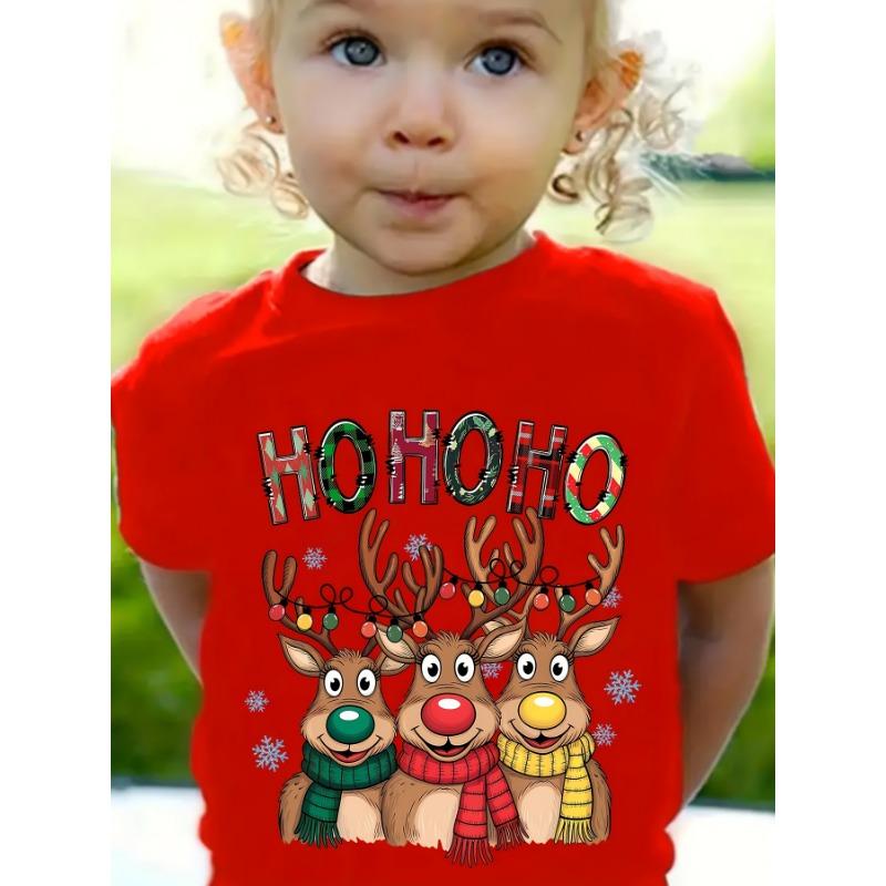 Kids Clothes Cute Animals Printing Christmas T-Shirt Festive Short Sleeve Boys Girls Clothes 2-14Y Christmas Gift Child Top Tee