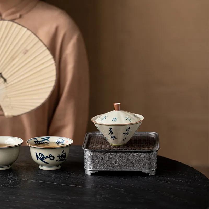 Grass Gray Hand-painted Bamboo Hat and Bowl Liangcai Simple Household Tea Maker Ceramic Kung Fu Set Lid Infuser Accessories Bar