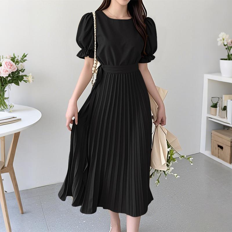 ZANZEA Women Casual Round Neck Short Sleeve Summer Pleated Dress