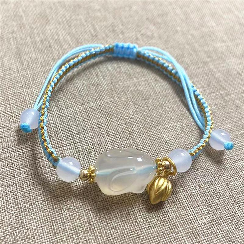 Natural White Agate Plum Blossom Bracelet, Niche Design Adjustable Hand Rope Gift Lychee Frozen Flower Retro Wind Peach