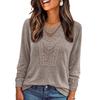Women's Casual Color Long Sleeve Round Neck Top with Lace Trim