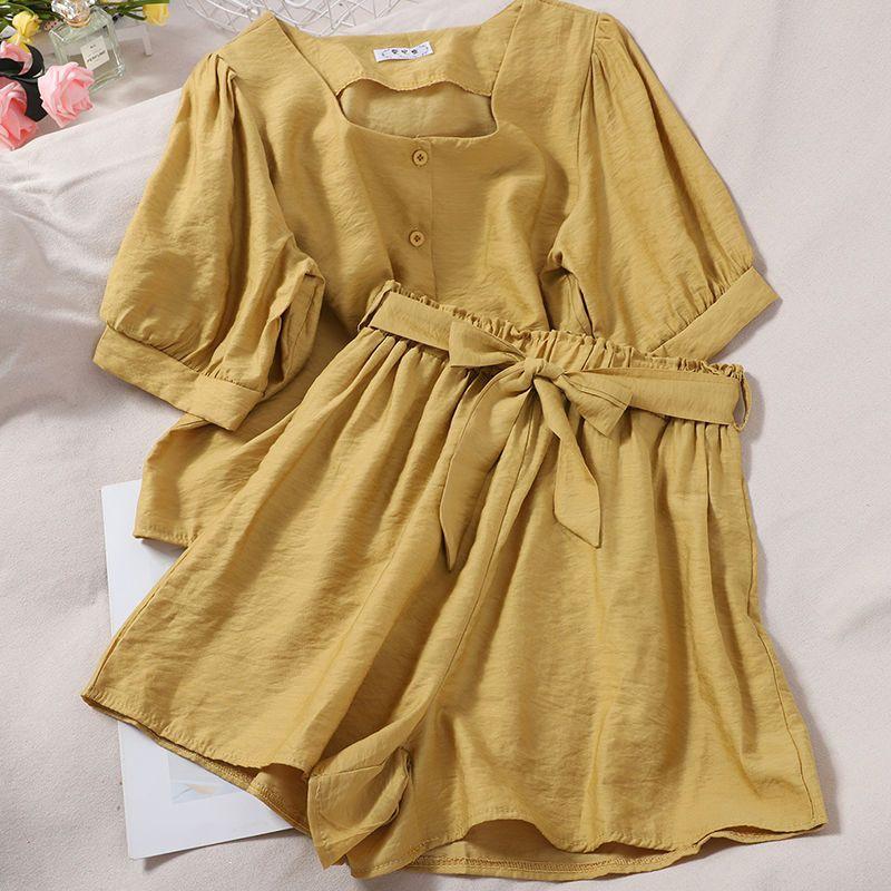 Petite Women's Square Neck Puff Sleeve Top & Elastic Waist Wide Leg Shorts Two-Piece Summer Set