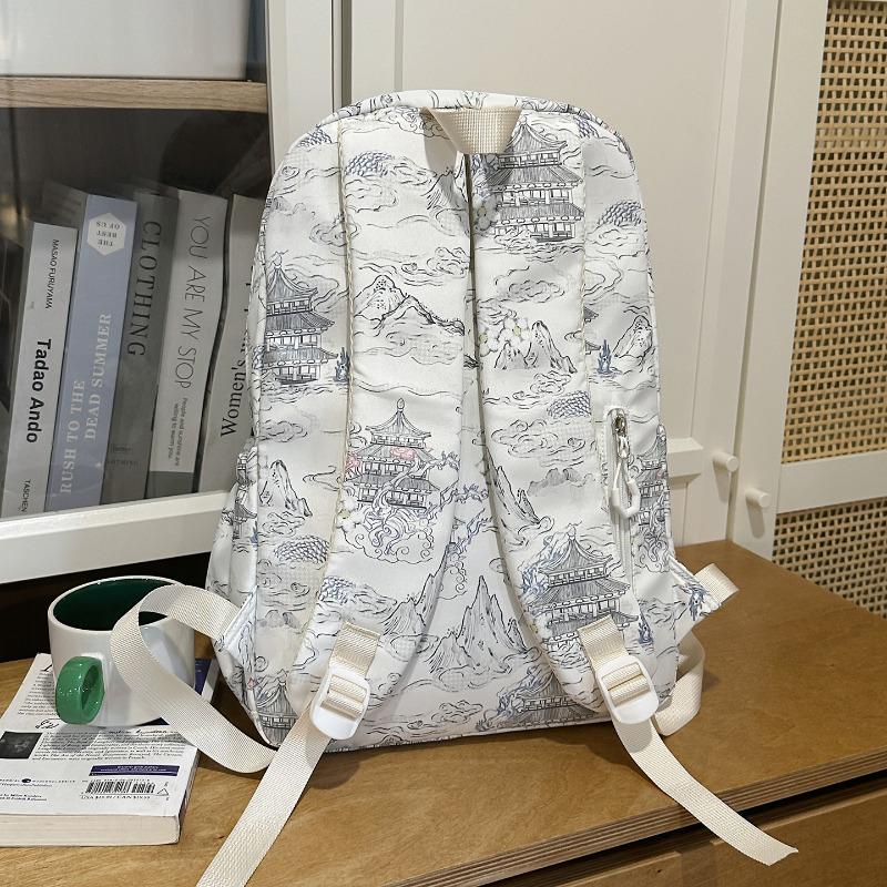 Zaino in Nylon Stampato Paesaggio Stile Cinese con Grande Capacità e Tasche Multiple Adatto per l'Uso Quotidiano e Studentesco Come Zaino Studentesco