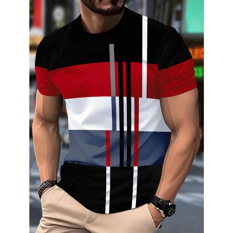 

Мужская летняя повседневная футболка большого размера в вертикальную полоску с цветным принтом, модная - Мягкая ткань из полиэстера средней эластичности, Летняя мужская одежда свободного кроя 2XL красный