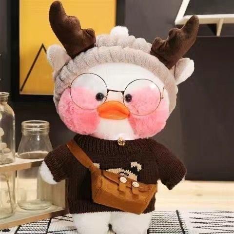 Kawaii Lalafanfan Cafe Eend Pluche Speelgoed, Witte Blos Eend Knuffelpop Met Grijs Strikje Haarband Gebreide Trui Bril Crossbody