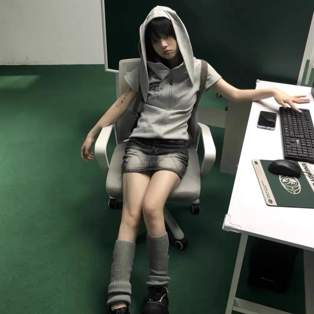 VAYLA Y2k Hooded T-shirt Vintage 2000s Style Rabbit Ears Zipper Tops Harajuku Short Sleeve Thin Jacket Korean Popular