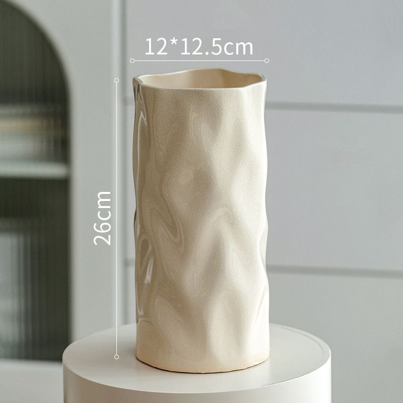 Cream Wind Ceramic Vase Ornaments Living Room Flower Arrangement Dried Flowers Large Diameter Luxury High Sense Irregular Vase