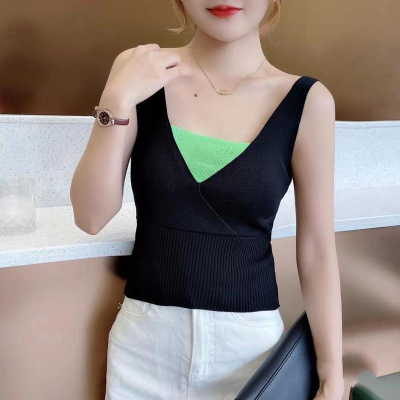 French Suspenders for Women Wearing Slim Fit Short V-neck Fashionable Splicing Fake Two-piece Knitted Sleeveless Vest Top