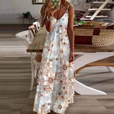 Women's Floral Cami Maxi Dress Spaghetti Strap V Neck Long Dress Casual Sleeveless A-Line Evening Dress Summer Beach Sundress