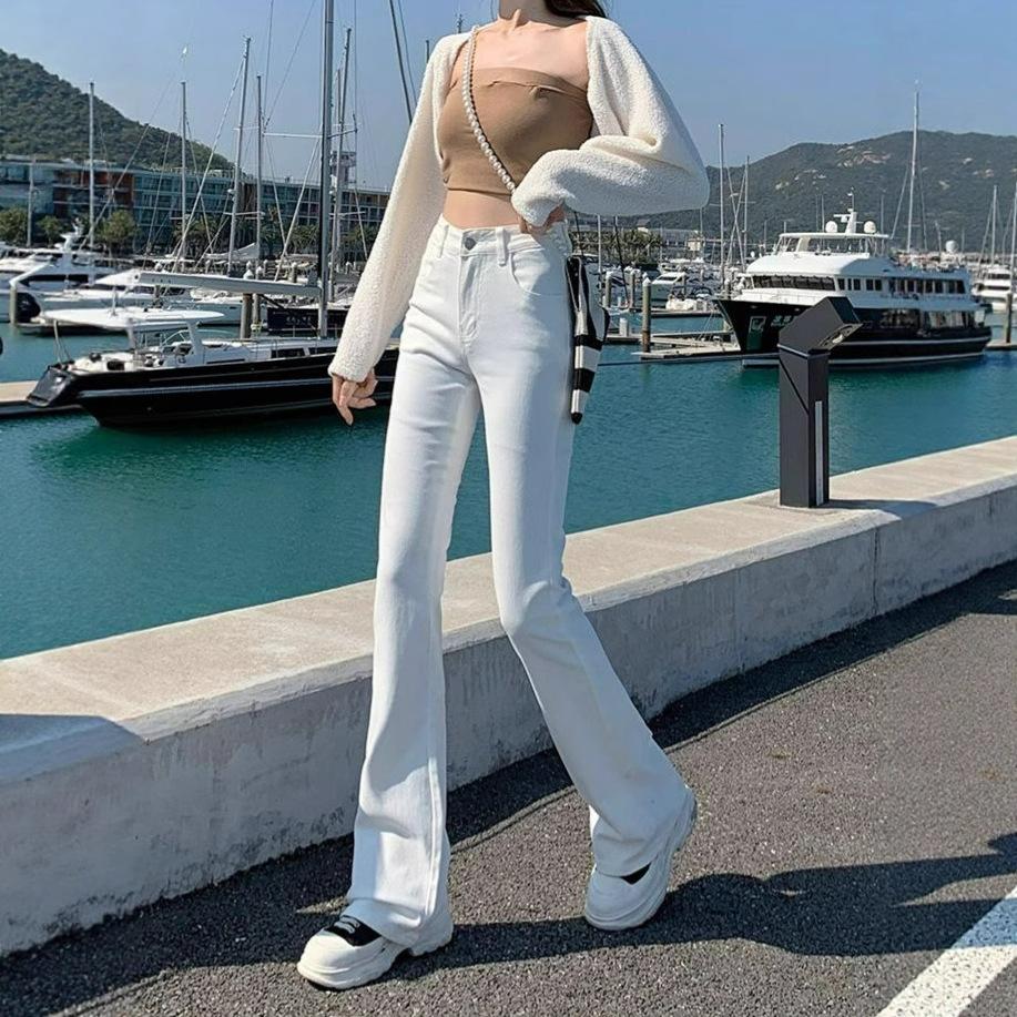 White Straight Jeans Women High Waist Elastic Slim Thin Small People Drag The Ground Horseshoe Flare Trousers Jeans for Women Long Denim Pants