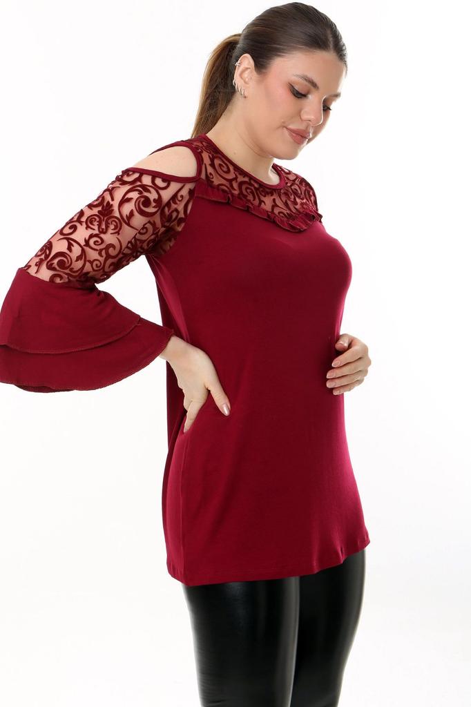 Women's Big Size Blouse Flounce Sleeve Comfortable Flowy Lace Detailed Style And Cool Blouse