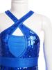 Girls Shiny Sequins Tassel Leotard Cross Front Cutout Back Design Fringed Bodysuit Latin Dance Cha Cha Costume