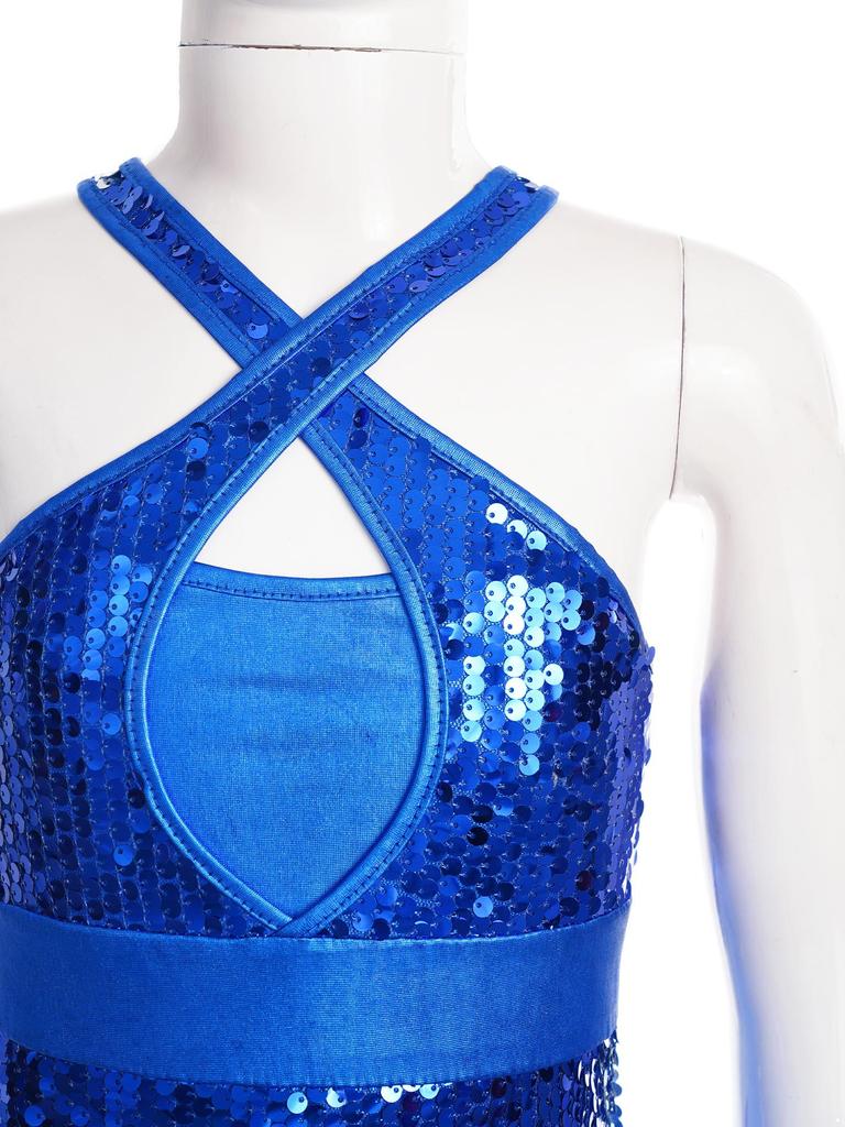 Mädchen Latein Tanzkostüm Cha Cha Glitzernde Pailletten Quasten Body Überkreuzt Vorne Ausschnitt Rücken Fransen Performance Bodysuit