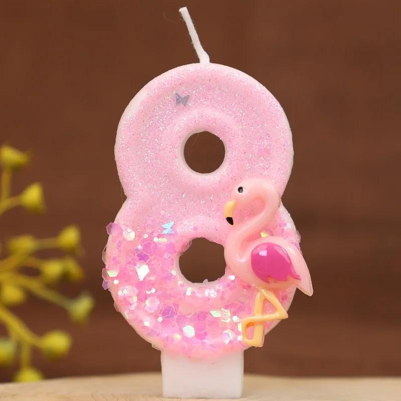 Pink Glitter Birthday Number Candles Flamingos 1 Year Baby Birthday Cake DecorationsBirthday Candle Pink Creative Girl Party