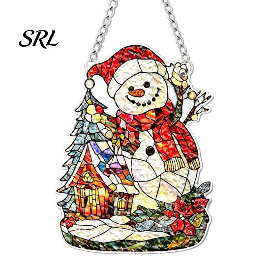 Wall Hanging Festive Art Colorful Acrylic Suncatcher, Stained Glass Style Christmas Ornaments, Santa Claus Cute Cat Ornaments Snowman Pattern