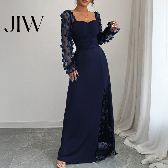 Einfarbiges Outfit Langarm-Kleid mit Blumenspitzenärmeln für Damen, Eckiger Ausschnitt Rüschen A-Linie Partykleid, Schmale Taille Maxi