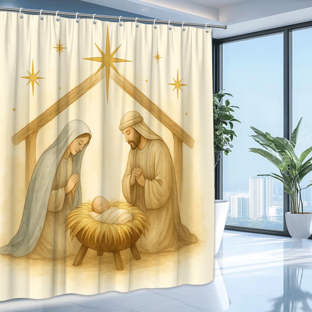 Christmas Nativity Scene Shower Curtain Holy Family Stable Star Of Bethlehem Religious Decor Waterproof Free Hooks Included