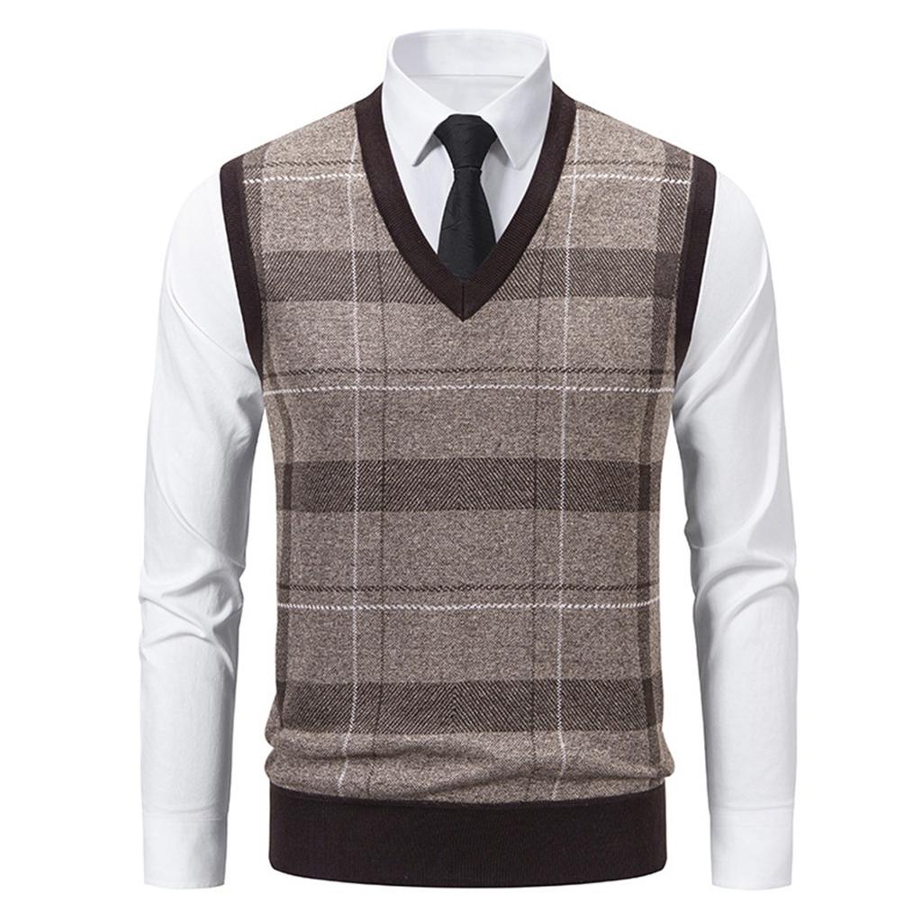 Men's Winter Fleece-Lined Plaid Vest, Pullover, Loose-Fitting Men's Sleeveless Sweater Vest