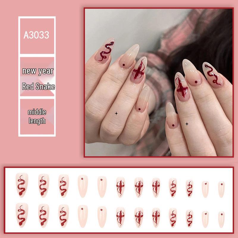 

Year of the Snake Wearable Nail Art: Medium-Length Ice Transparent Almond Nails with Polka Dot Cross Stickers, One Size False Nails