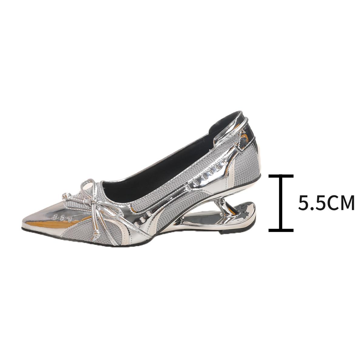 

Fashion Pumps Women Shoes Bow Slip-On Shallow Shoes Wedding Party Pointed Toe High Heels Pump Femme Special-shaped heel 40 срібний