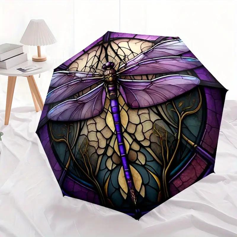 Automatic Open/Close Windproof Umbrella with Elegant Purple & Golden Dragonfly Design, Portable Folding Lightweight for Men &